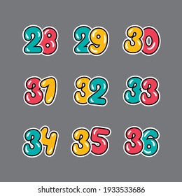 a set of red, yellow and green numbers with a black outline, 
from twenty-eight to thirty-six on a gray background, vector