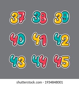 a set of red, yellow and green numbers with a black outline, 
from thirty-seven to forty-five on a gray background, vector