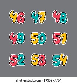 a set of red, yellow and green numbers with a black outline, 
from forty-six to fifty-four on a gray background, vector