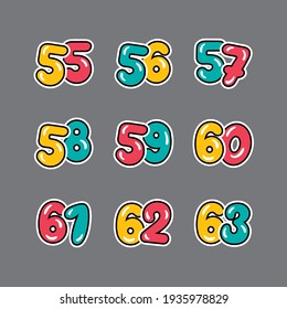 a set of red, yellow and green numbers with a black outline, 
from fifty-five to sixty-three on a gray background, vector