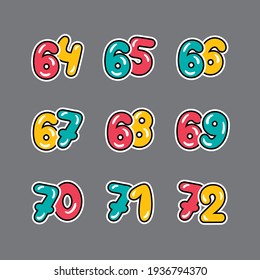 a set of red, yellow and green numbers with a black outline, 
from sixty-four to seventy-two on a gray background, vector