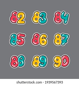 a set of red, yellow and green numbers with a black outline, 
from eighty-two to ninety on a gray background, vector