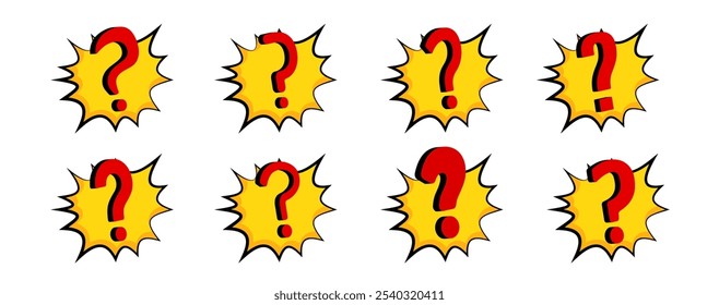 A set of red and yellow question mark symbols with a comic style blast effect, capturing attention and caution. Perfect for conveying confusion, alarms, and enigmatic questions.