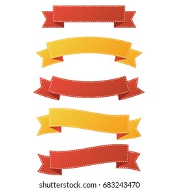 set of red and yellow ribbon banner with dashed line on white background vector, for label or flag illustration.