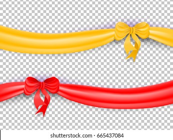 Set of red and yellow ribbons with bow and shadow.. Vector illustration