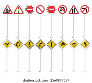 Set of red, yellow road signs. Crossing sign, traffic light, left right turn arrows, prohibited, allowed, stop signal.