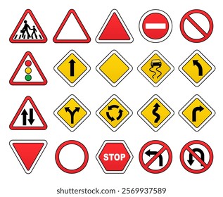 Set of red, yellow road signs. Crossing sign, traffic light, arrows left right turn, prohibited, allowed, stop signal, dangerous road.