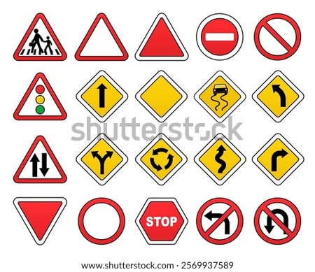 Set of red, yellow road signs. Crossing sign, traffic light, arrows left right turn, prohibited, allowed, stop signal, dangerous road.