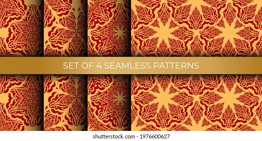 Set of red and yellow seamless pattern with vintage ornament. 
