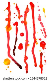 Set of red and yellow spots for design. Red bloody smudges and drops. Blots of watercolor paint. Liquid spray. Isolated vector on a white background.
