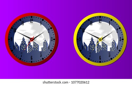 A set of red and yellow wall clocks with a picture on the dial on a purple background. Vector illustration
