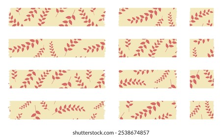 Set of red and yellow washi tapes with leaves pattern isolated on white. Tapes collection in vector. Pieces of decorative tape for albums. Torn paper