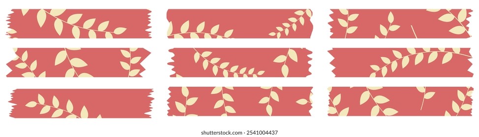 Set of red and yellow washi tapes with leaves pattern isolated on white. Tapes collection in vector. Pieces of decorative tape for albums. Torn paper