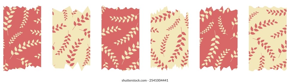 Set of red and yellow washi tapes with leaves pattern isolated on white. Tapes collection in vector. Pieces of decorative tape for albums. Torn paper