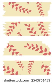 Conjunto de fitas washi vermelhas e amarelas com padrão de folhas isolado no branco. Coleção de fitas em vetor. Pedaços de fita decorativa para álbuns. Papel rasgado