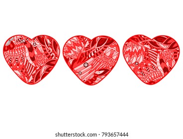 Set of red zentangle heart shapes filled with abstract floral texture. Design objects for Valentines day decoration isolated on white background
