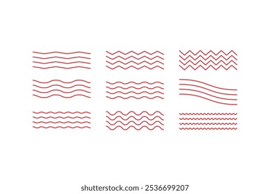 Conjunto de ícones vermelhos da linha de ziguezague. Padrão de ornamento de onda em ziguezague. Coleção de linhas onduladas em ziguezague. Ilustração vetorial.