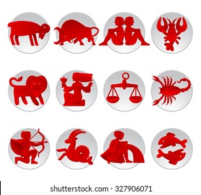 Set of red zodiacal signs with figure on white circles. Original design. Vector illustration
