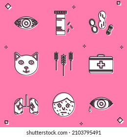 Set Reddish eye allergic conjunctivitis, Medicine bottle and pills, Peanut, Pet, Wheat, First aid kit, Lungs and Face with psoriasis or eczema icon. Vector