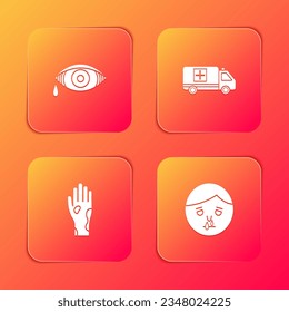 Set Reddish eye allergic conjunctivitis, Emergency car, Hand with psoriasis or eczema and Runny nose icon. Vector