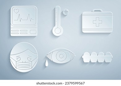 Set Reddish eye allergic conjunctivitis, First aid kit, Face in protective mask, Chicken egg box, Medical digital thermometer and Monitor with cardiogram icon. Vector