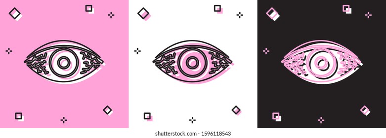 Set Reddish eye due to viral, bacterial or allergic conjunctivitis icon isolated on pink and white, black background.  Vector Illustration