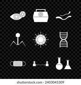 Set Reddish eye due to virus, First aid kit, Ebola disease, Medical protective mask, Safe distance, Test tube and flask, Bacteria bacteriophage and Virus icon. Vector