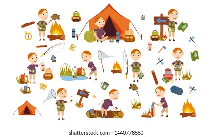 Set red-haired boy tourist on nature. Camping. Overnight, overnight in a tent, picking mushrooms, fun and relaxation. Children's camp. Scouts. Cute Vector Illustration