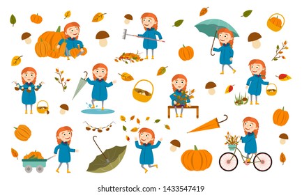 Set red-haired girl with two braids in an autumn jacket plays with leaves, launches a paper boat, rides a bicycle, carries pumpkins and has fun in the fall. Cute Vector Illustration