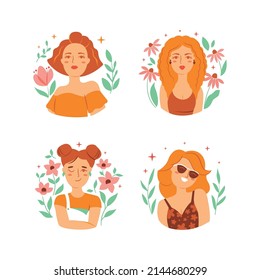 The set of the redhead and blonde girls’ portraits for stickers, social media. The faces and avatars of women with flowers. The vector illustration