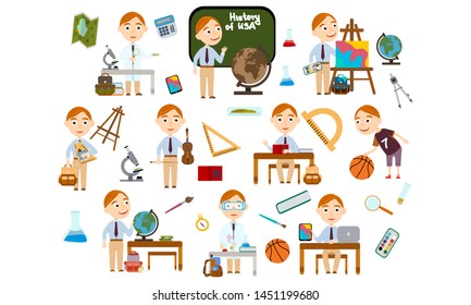 Set redhead boy. Student in different lessons: science, history, sports, art, maths, English, information technology, music. Conducting experiments. Cute Vector Illustration