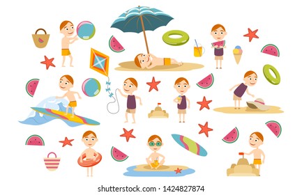 Set redhead boy in swimsuits on the beach. Summer holidays. Beach rest, games and surfing. Vector illustration