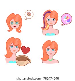 Set of redhead girl. Character template.