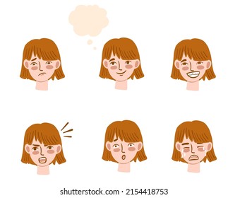 Set of redhead girl with different emotions. Drawn in sketch style. Vector illustration for designs, prints, patterns. Isolated on white background