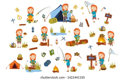Set a redhead girl tourist on nature. Camping. Fishing, overnight in a tent, picking mushrooms, fun and relaxation. Children's camp. Scouts. Cute Vector Illustration