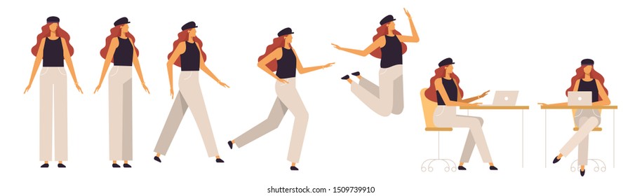 Set of a redhead woman in different poses. Female character for your design project, animation. Vector trendy illustration, flat style. White background, isolated. Girl walk, stand, run, jump, sit