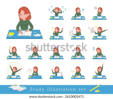 A set of redhead woman on study.It's vector art so easy to edit.