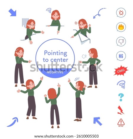 A set of redhead woman pointing in different directions.negative expression.It's vector art so easy to edit.