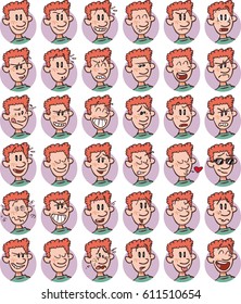 Set of redhead young boy emojis; Cheerful, sad, angry, content ... and many more expressions.