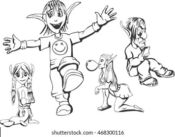 Set of redneck teenage elves. Vector illustrations.