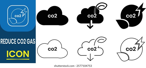 Set of Reduce co2 gas icon. Reduce air pollution, carbon offset, decarbonize, sustainable development, renewable energy, ecology, environmental protection. Vector illustration.