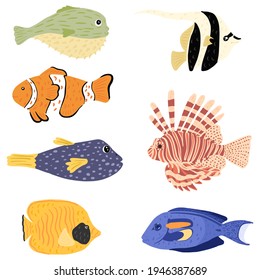 Set reef fish isolated on white background. Different fish: puffer, lionfish, moorish Idol, clown, surgeon, butterfly. Collection aquatic character in hand drawn style. Design vector illustration