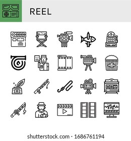 Set of reel icons. Such as d movie, Clapperboard, Director chair, Cinema camera, Fishing, Slot machine, Hose, Actor, Film, Camcorder, Popcorn, Inkwell, Fishing rod , reel icons