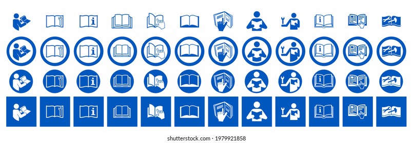 Set of Refer to instruction manual signs. Vector illustration of circular blue signs with hand points to open book. Read instruction booklet before start work. Safety labels.