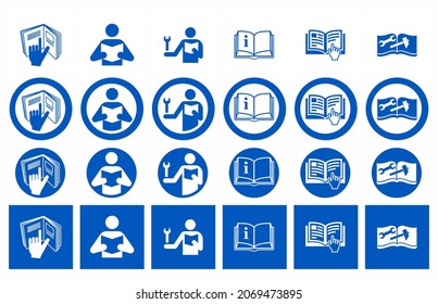 Set of Refer to instruction manual signs. Vector illustration of circular blue signs with hand points to open book. Read instruction booklet before start work. Safety labels.