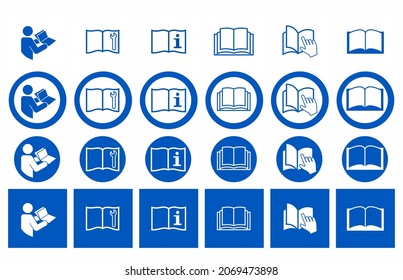 Set of Refer to instruction manual signs. Vector illustration of circular blue signs with hand points to open book. Read instruction booklet before start work. Safety labels.