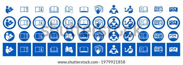 Set of Refer to\
instruction manual signs. Vector illustration of circular blue\
signs with hand points to open book. Read instruction booklet\
before start work. Safety\
labels.