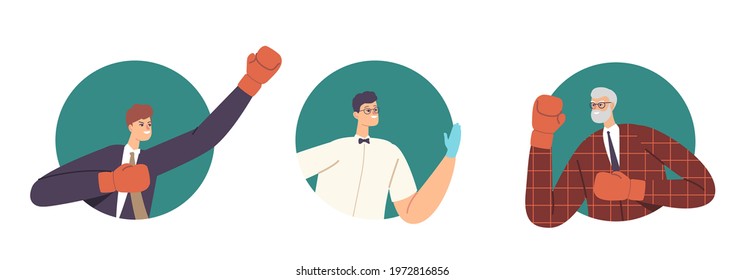 Set of Referee and Arguing Businessmen Characters Fight. Disagreement, Men Prepare to Fight. Business Competition for Leadership, Challenge, Different Point of View. Cartoon People Vector Illustration