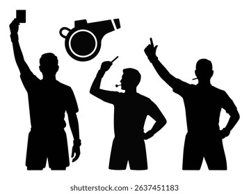 Set of referee silhouettes with whistle and card vector illustration isolated on white background