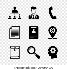 Set Referral marketing, User of man business suit, Telephone handset, Envelope, Magnifying glass and Human head with gear inside icon. Vector